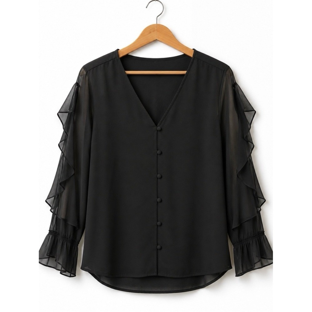 NWT Vince Camuto Sheer Layered Sleeve Blouse Black Size M MSRP $99